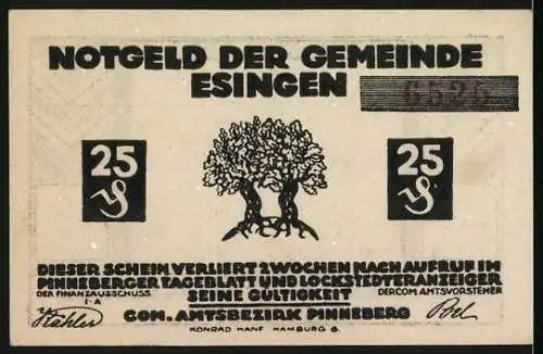 Notgeld Esingen, 25 Pfennig, Friesische Trachten mit Baum-Motiv und Text auf Rückseite