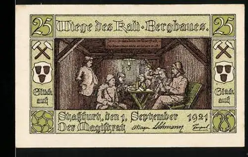 Notgeld Stassfurt, 1921, 25 Pfennig, Wiege des Kali-Bergbaues mit Bergarbeitern und Stadtwappen