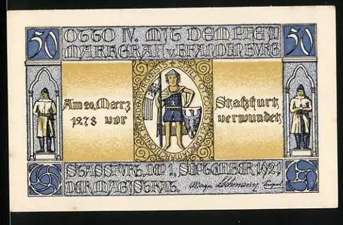 Notgeld Stassfurt 1921, 50 Pfennig, Otto IV., Stadtwappen und Bekanntmachung ungültig