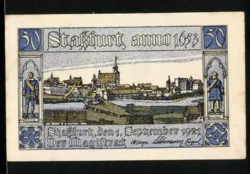 Notgeld Stassfurt 1921, 50 Pfennig, Stadtansicht und Wappen, gültig drei Monate nach Bekanntmachung