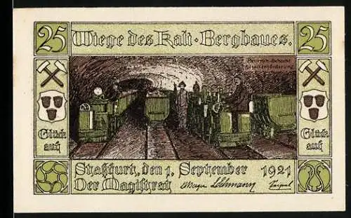 Notgeld Stassfurt 1921, 25 Pfennig, Wiege des Kali-Bergbaues mit Bergarbeiter und Stadtwappen mit Kind