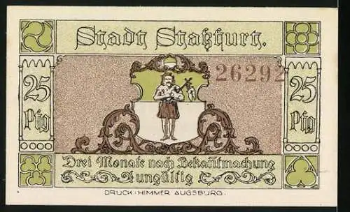 Notgeld Stassfurt 1921, 25 Pfennig, Wiege des Kali-Bergbaues mit Bergarbeiter und Stadtwappen mit Kind