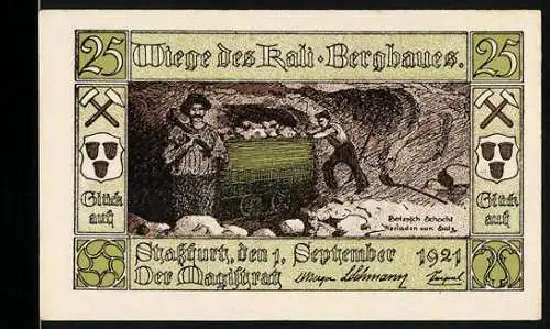 Notgeld Stassfurt, 1921, 25 Pfennig, Wiege des Kali-Bergbaues, Bergleute mit Lore in Stollen, Druck Himmer Augsburg