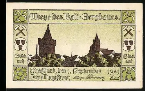 Notgeld Stassfurt 1921, 25 Pfennig, Wiege des Kali-Bergbaues mit Stadtwappen und Glückauf-Symbolen