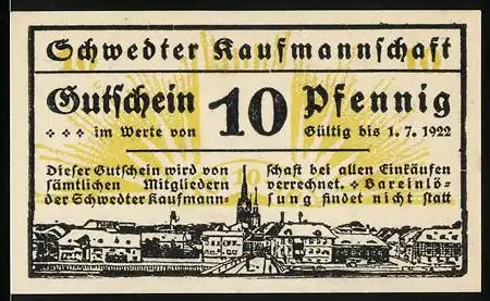 Notgeld Schwedt 1922, 10 Pfennig, Schwedter Kaufmannschaft, Stadtansicht, Gültig bis 1.7.1922, Stadtansicht