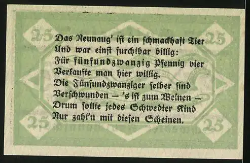 Notgeld Schwedt, 1922, über 25 Pf., Gültig bis 1. Juli 1922, Schwedter Kaufmannschaft, aufwendig gestalteter Schein