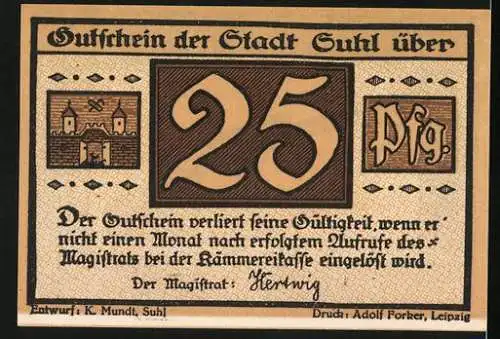 Notgeld Suhl, 1921, 25 Pfennig, Gewehr und Stadtwappen