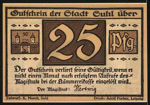 Notgeld Suhl, 1921, 25 Pfennig, Revolver und Pistolen Abbildung, Text In Suhl gibt es zu holen