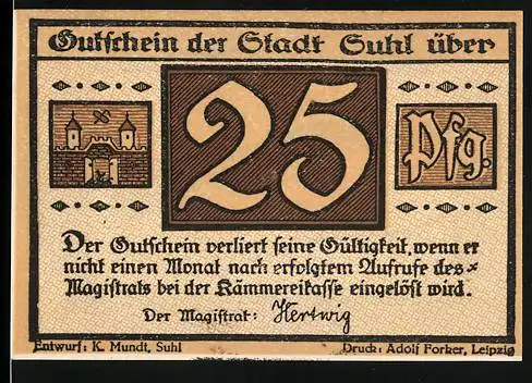 Notgeld Suhl, 25 Pfennig, Illustration einer Flinte und Stadtsymbol