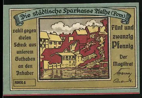 Notgeld Plathe (Pom), 1920, 25 Pfennig, Ansicht der Stadt und Rathaus mit historischen Figuren