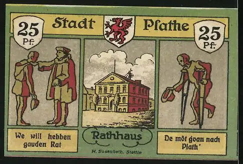 Notgeld Plathe (Pom), 1920, 25 Pfennig, Ansicht der Stadt und Rathaus mit historischen Figuren