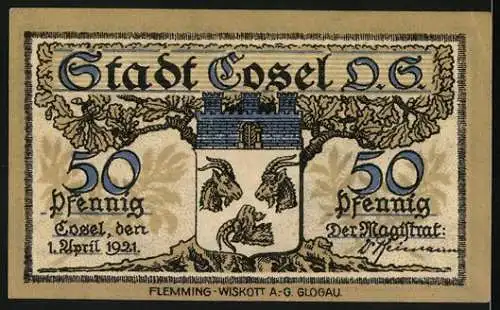 Notgeld Cosel, 1921, 50 Pfennig, Erinnerung an die Abstimmung 20. März und Ziegenwappen der Stadt