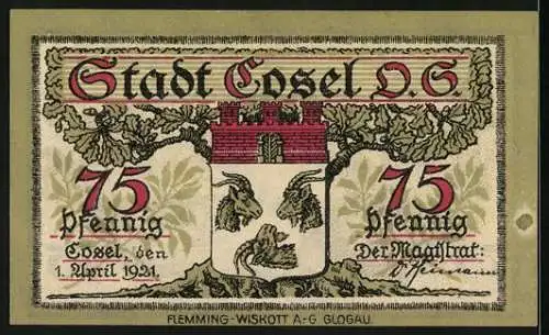 Notgeld Cosel 1921, 75 Pfennig, Stadtansicht und Wappen mit Ziegen und Burg