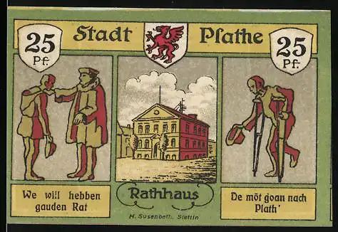 Notgeld Plathe, 25 Pfennig, Stadtwappen und Rathaus, Stadtansicht und Sparkassentext