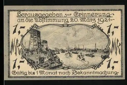 Notgeld Cosel, 1921, 1 Mark, Erinnerung an die Abstimmung mit Stadtwappen und industrieller Szene