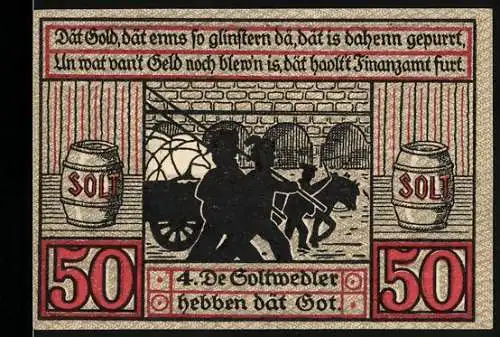 Notgeld Stendal 1921, 50 Pfennig, Kutschenszene, Wappen und Skyline