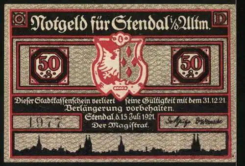 Notgeld Stendal 1921, 50 Pfennig, Kutschenszene, Wappen und Skyline