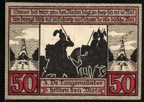 Notgeld Stendal 1921, 50 Pfennig, Stadtwappen und Reiter mit Segelschiffen