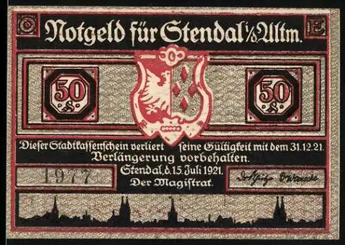 Notgeld Stendal 1921, 50 Pfennig, Stadtwappen und Hafenszene mit Schiff und Menschen