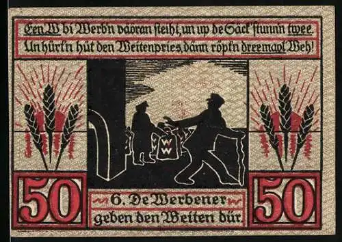 Notgeld Stendal, 1921, 50 Pfennig, Stadtwappen und Bauern mit Getreide