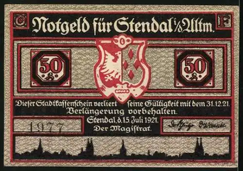 Notgeld Stendal, 1921, 50 Pfennig, Stadtwappen und Bauern mit Getreide