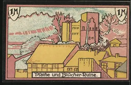 Notgeld Plathe (Pom), 1 Mark, Stadtansicht und Blücher-Ruine