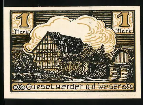 Notgeld Hofgeismar, 1 Mark, Gieselwerder a.d. Weser, Fachwerkhaus und Landschaft