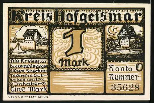 Notgeld Hofgeismar, 1 Mark, Gieselwerder a.d. Weser, Fachwerkhaus und Landschaft