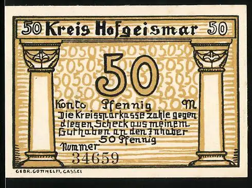 Notgeld Hofgeismar, 50 Pfennig, Kirchengebäude und Säulen, Nummer 34659, Gebr. Gotthelft, Cassel