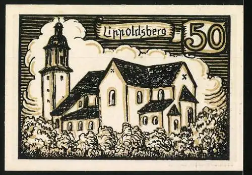 Notgeld Hofgeismar, 50 Pfennig, Kirchengebäude und Säulen, Nummer 34659, Gebr. Gotthelft, Cassel