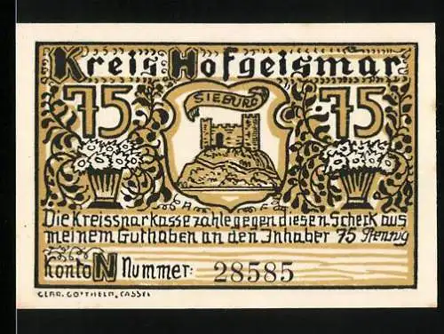 Notgeld Hofgeismar, 75 Pfennig, Sieburg und Carls Hafen an der Weser, Kontonummer 28585