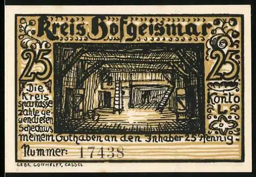 Notgeld Hofgeismar, 1921, 25 Pfennig, Fachwerkhaus und Innenansicht Holzkonstruktion