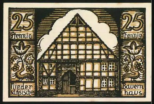 Notgeld Hofgeismar, 1921, 25 Pfennig, Fachwerkhaus und Innenansicht Holzkonstruktion