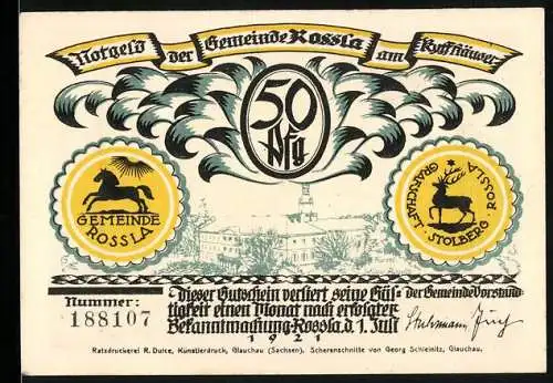 Notgeld Rossla am Kyffhäuser, 1921, 50 Pf, Gemeinde Rossla und Grafschaft Stolberg-Rossla, Seriennummer 188107