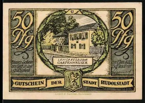 Notgeld Rudolstadt 1922, 50 Pfennig, Lengefeldsche Gartenhäuser und Begrüssung des Kindes