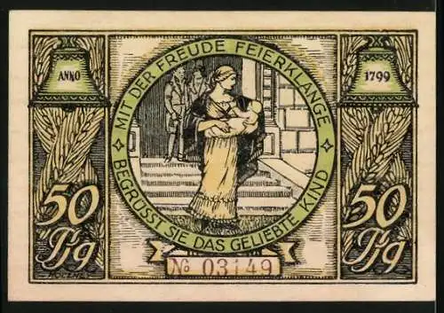 Notgeld Rudolstadt 1922, 50 Pfennig, Lengefeldsche Gartenhäuser und Begrüssung des Kindes