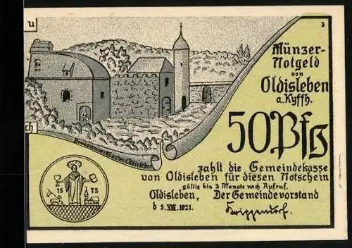 Notgeld Oldisleben 1921, 50 Pfennig, Klosteransicht und Szene mit plündernden Bauern