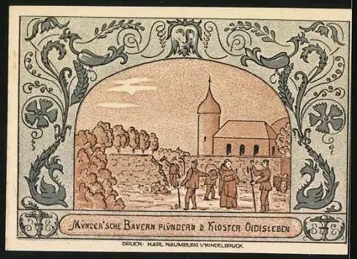 Notgeld Oldisleben 1921, 50 Pfennig, Klosteransicht und Szene mit plündernden Bauern