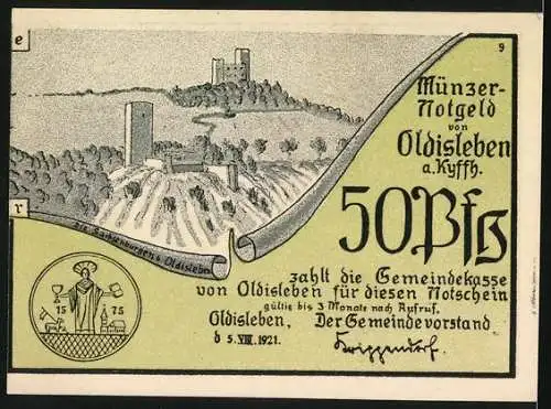 Notgeld Oldisleben, 1921, 50 Pfennig, Darstellung der Burg Oldisleben und Th. Müntzer bei der Bauernschlacht