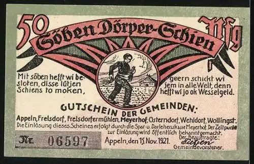 Notgeld Appeln, 1921, 50 Pfennig, Gutschein der Gemeinden mit Text und Illustrationen