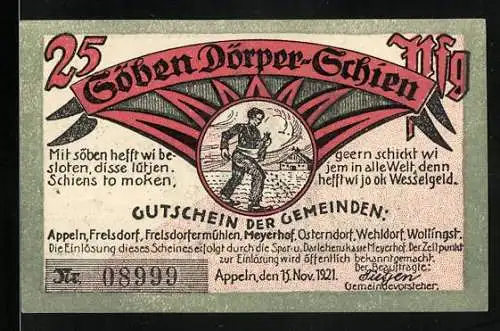 Notgeld Appeln, 1921, 25 Pfennig, Sieben Dörfer-Schein mit Bauer und Ritter