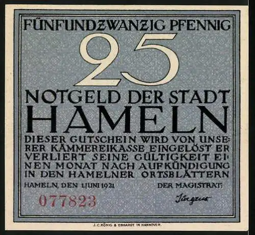 Notgeld Hameln, 1921, 25 Pfennig, Darstellung der Siebenlinge in Volksstein