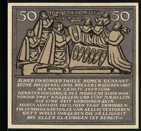 Notgeld Hameln, 1921, 50 Pfennig, Bürger Thiele Römer mit Hausfrau und Kindern