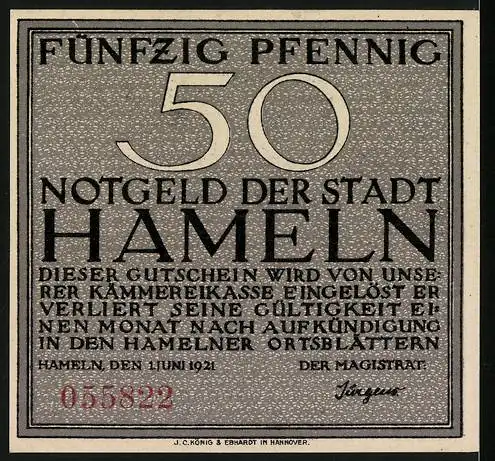 Notgeld Hameln, 1921, 50 Pfennig, Bürger Thiele Römer mit Hausfrau und Kindern