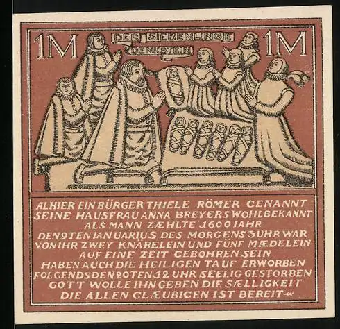 Notgeld Hameln, 1921, 1 Mark, Darstellung der Siebenlinge mit Text und Stadtinformationen