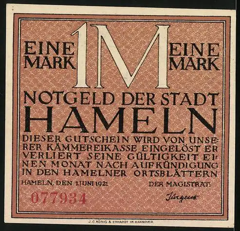 Notgeld Hameln, 1921, 1 Mark, Darstellung der Siebenlinge mit Text und Stadtinformationen