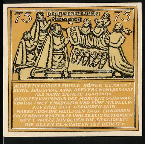 Notgeld Hameln, 1921, 75 Pfennig, Siebenlinge und Inschrift über Hausfrau Anna Breyers und Bürger Thiele Römer