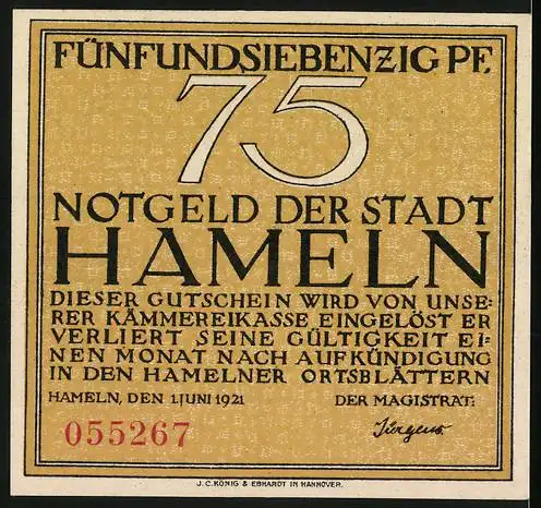 Notgeld Hameln, 1921, 75 Pfennig, Siebenlinge und Inschrift über Hausfrau Anna Breyers und Bürger Thiele Römer