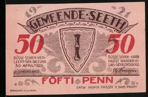 Notgeld Seeth 1921, 50 Pfennig, Wappen und Inschrift, Glocke und Text