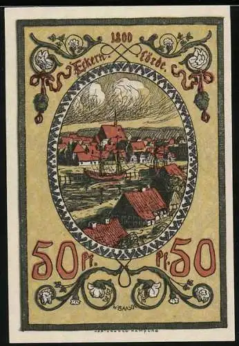 Notgeld Eckernförde, 1921, 50 Pf, Stadtansicht und mittelalterliche Burgillustration